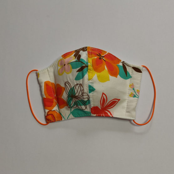 Masque ergonomique (fleurs orange/turquoise/rose/marron sur fond écru)